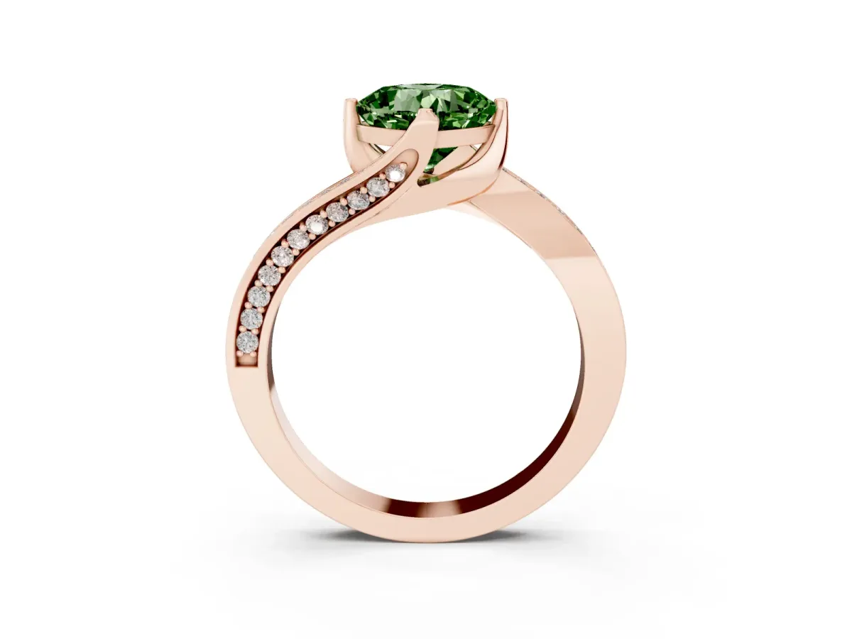 Fancy Green Cushion Cut Solitaire Diamond Twist Band with Pavé Setting and Four-Prong Setting Rose gold