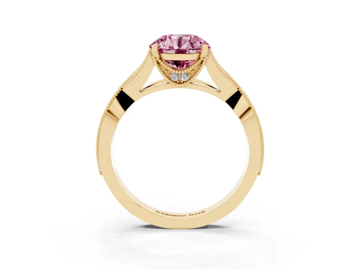 Fancy Pink Round Cut Cut Diamond Twisted Band with Milgrain Pave Setting and Four-Prong Setting Yellow gold