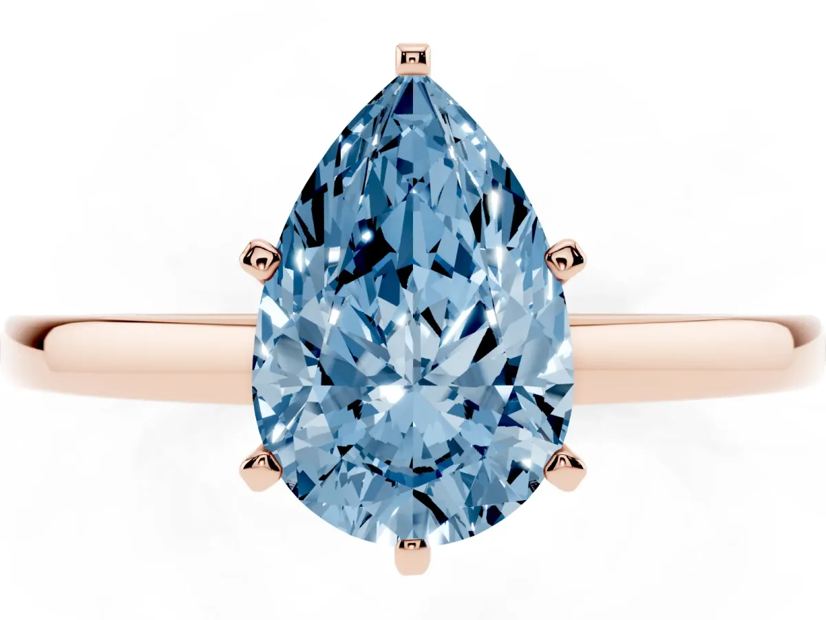 Fancy Blue Pear Cut Solitaire Diamond Engagement Ring with Four-Prong Setting on a Classic Band Rose gold