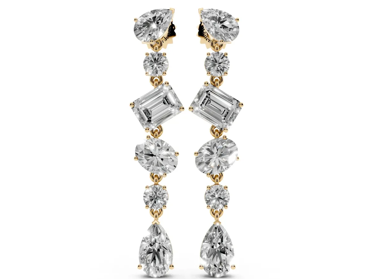 Pear, Oval, Emerald and Round Diamond Waterfall Drop Earrings Yellow gold