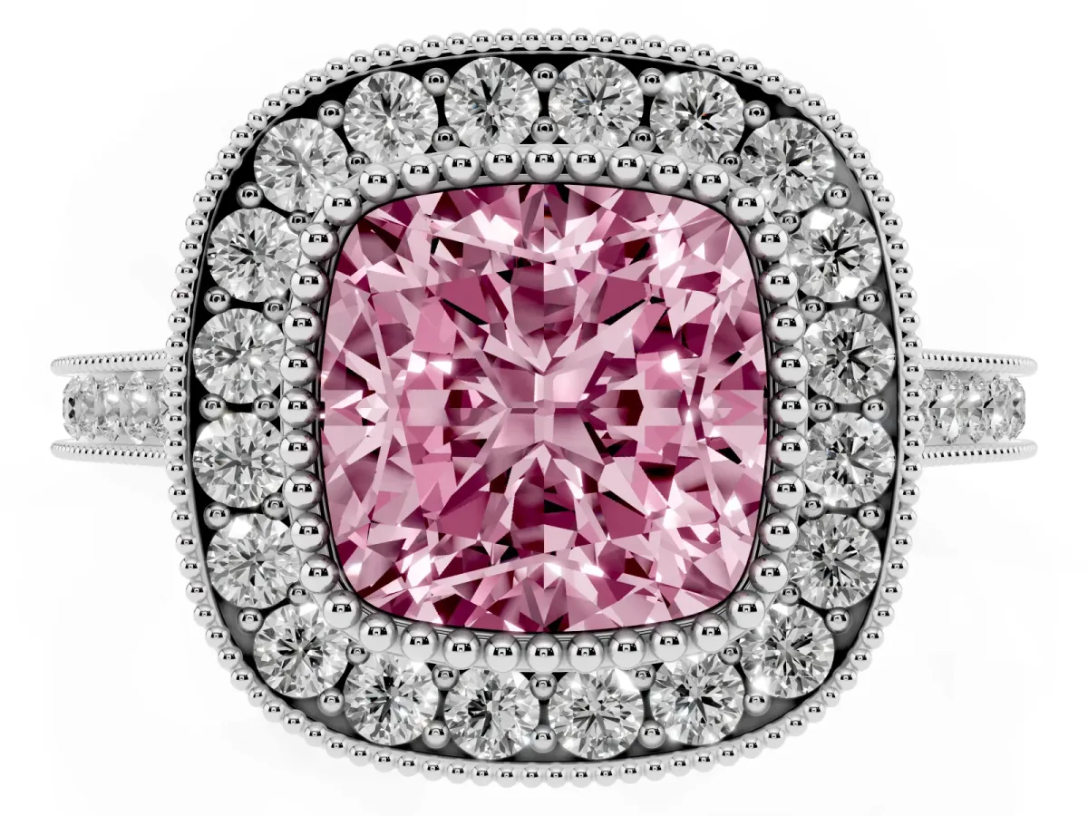 Fancy Pink Cushion Cut Diamond Halo Ring with Milgrain Frame and Pavé Band Platinum