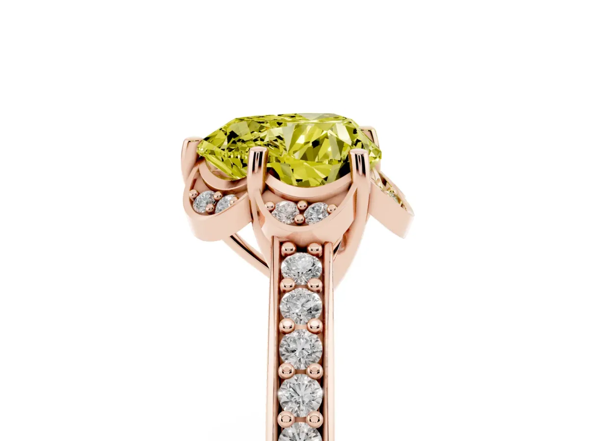 Fancy Yellow Heart Cut Cut Halo Diamond Ring with Channel Set Band and Four-Prong Setting Rose gold