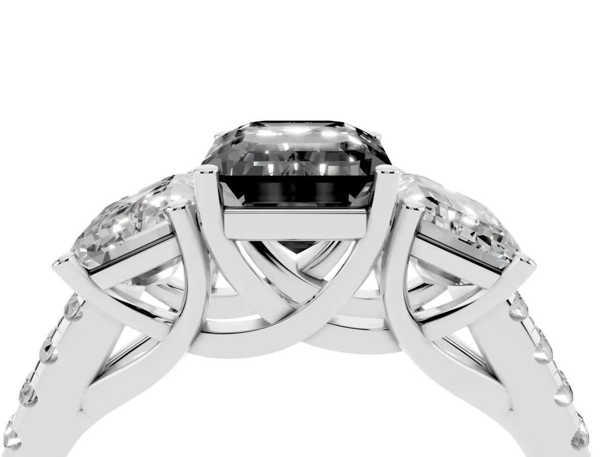 Fancy Black Three-Stone Emerald Cut Diamond Ring with Round Pavé Band and Prong Setting Silver