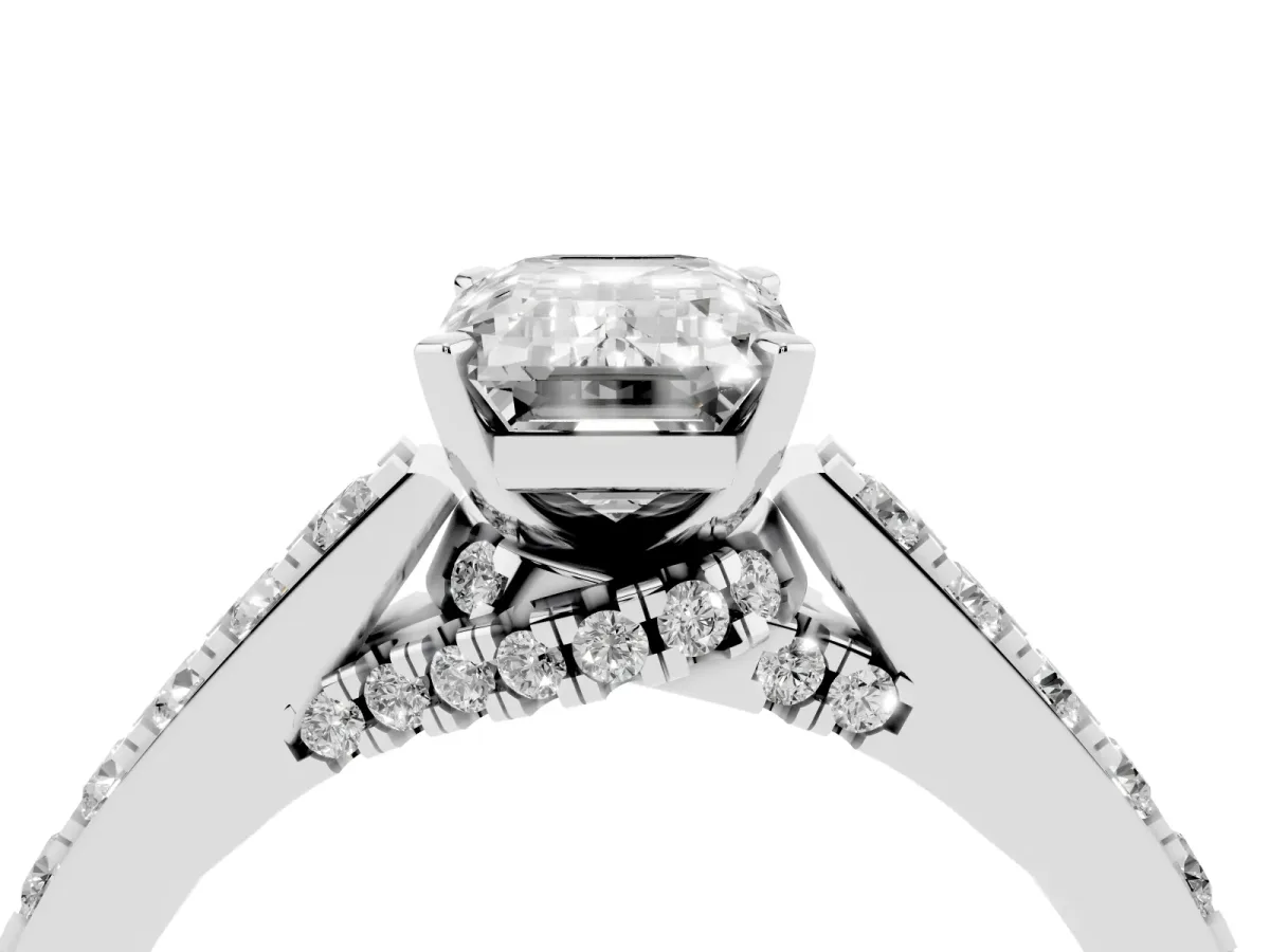 Emerald Cut Diamond Solitaire Ring with Crossover Gallery and Round Pavé Band White gold
