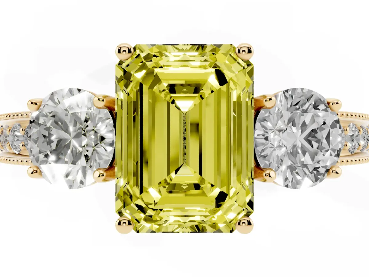 Fancy Yellow Emerald Cut Three-Stone Diamond Ring with Pavé Band and Four-Prong Setting Yellow gold