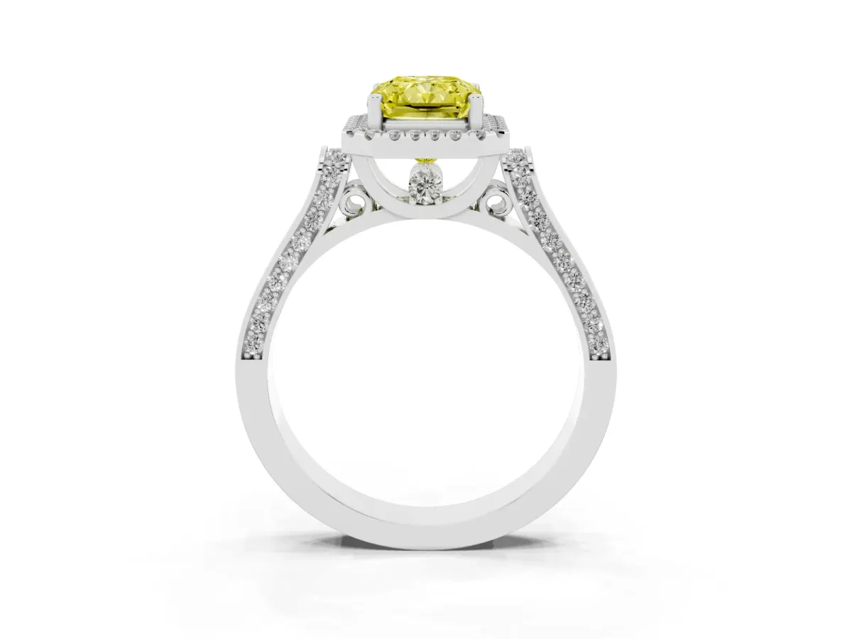 Fancy Yellow Radiant Cut Halo Pave Split Shank Prong Setting Ring Silver