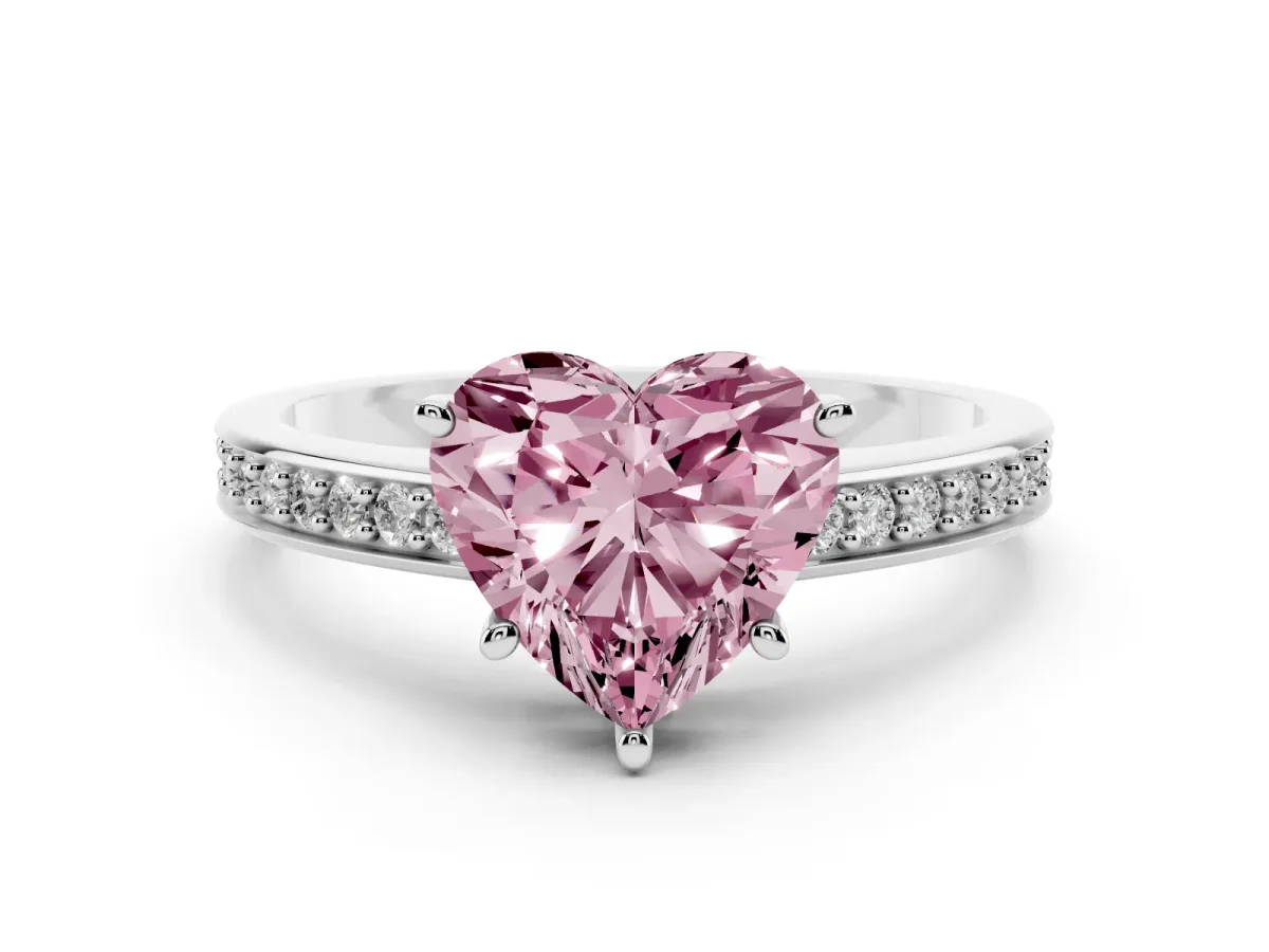 Fancy Pink Heart Cut Solitaire Pavé Band Prong Setting Ring Platinum