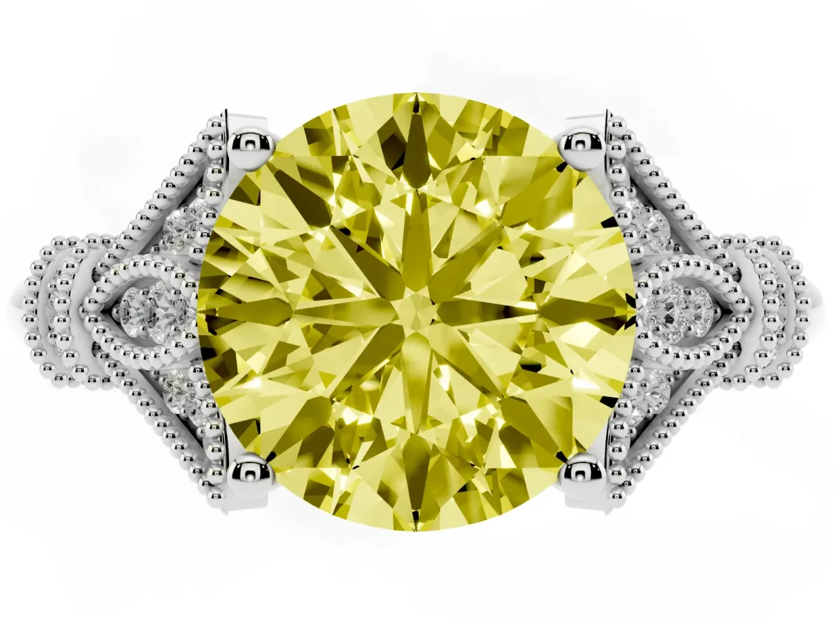 Fancy Yellow Round Cut Diamond Solitaire Ring with Floral Filigree and Pave Accents White gold