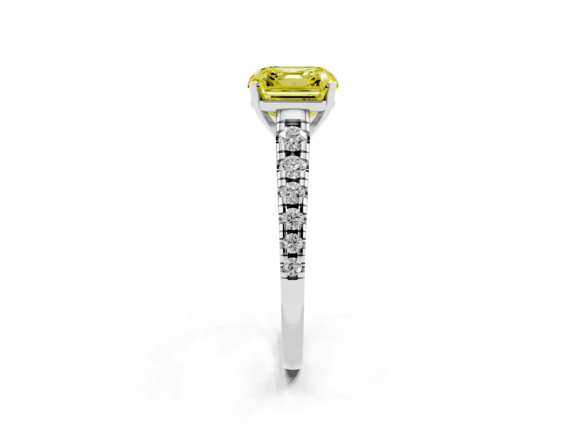 Fancy Yellow Asscher Cut Diamond Cathedral Solitaire Ring with Round Pavé Band Silver
