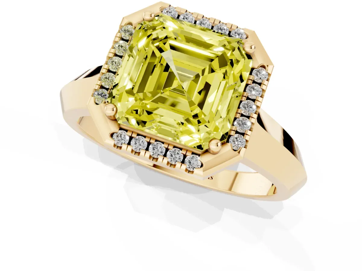 Fancy Yellow Asscher Cut Halo Diamond Ring with Cathedral Band and Four-Prong Setting Yellow gold
