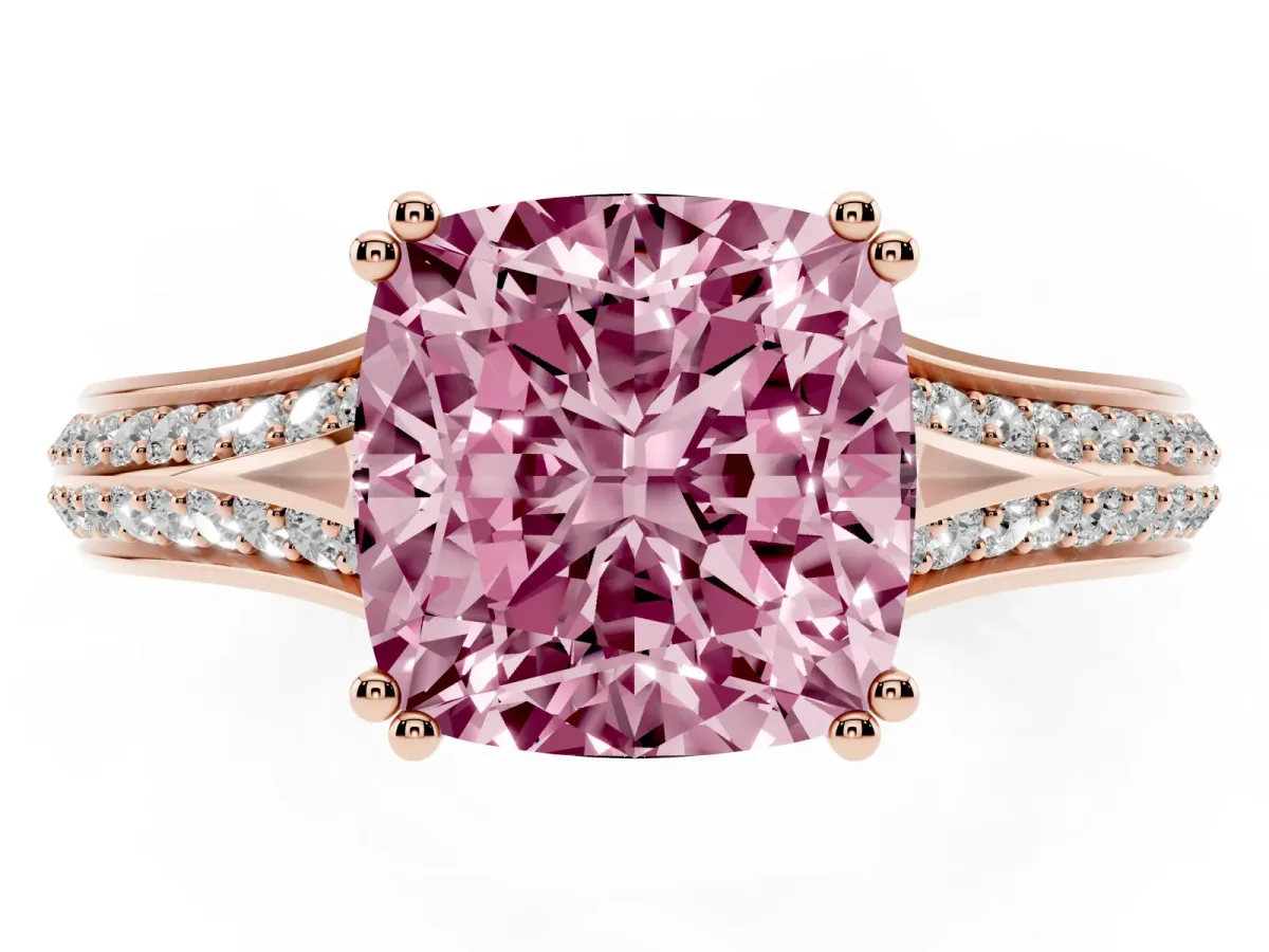 Fancy Pink Cushion Cut Diamond Split Shank Engagement Ring with Pavé Band Rose gold