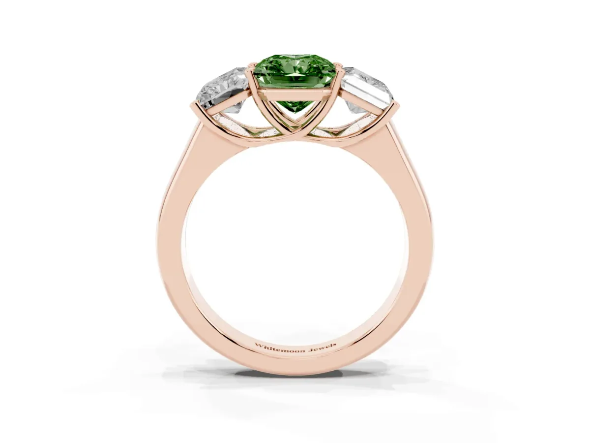 Fancy Green Radiant Cut Three-Stone Diamond Ring with Prong Setting on a Classic Band Rose gold