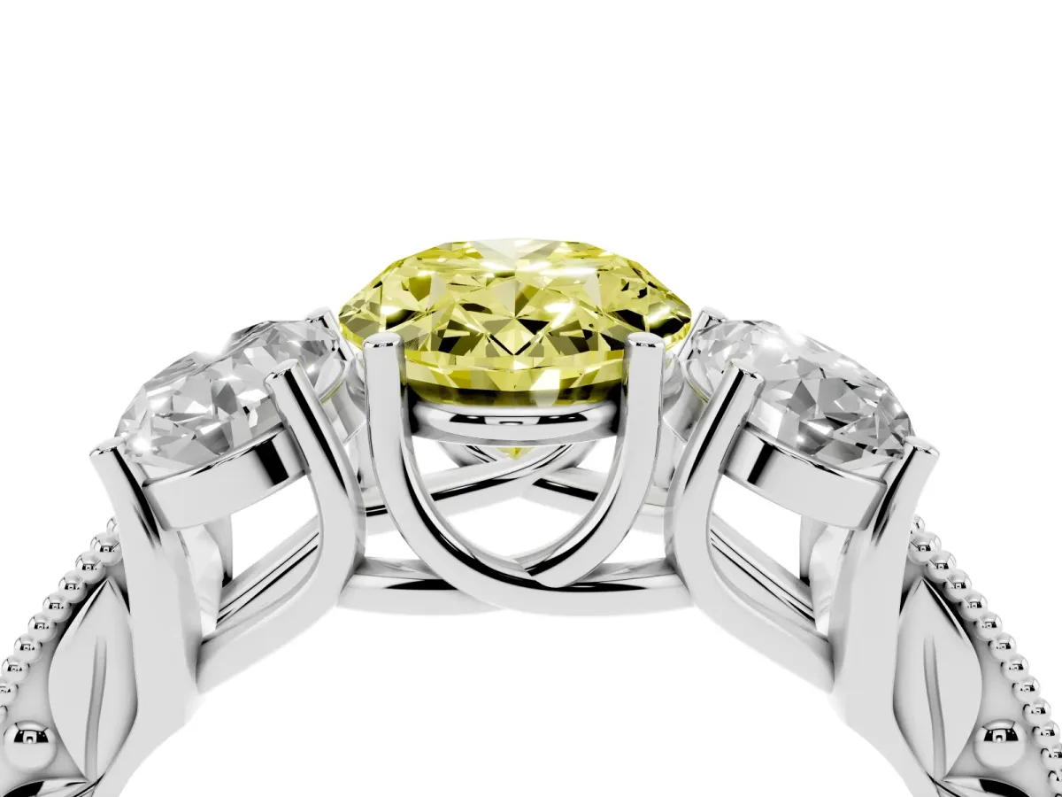 Fancy Yellow Three-Stone Oval Cut Cut Milgrain Pavé Engagement Ring Platinum