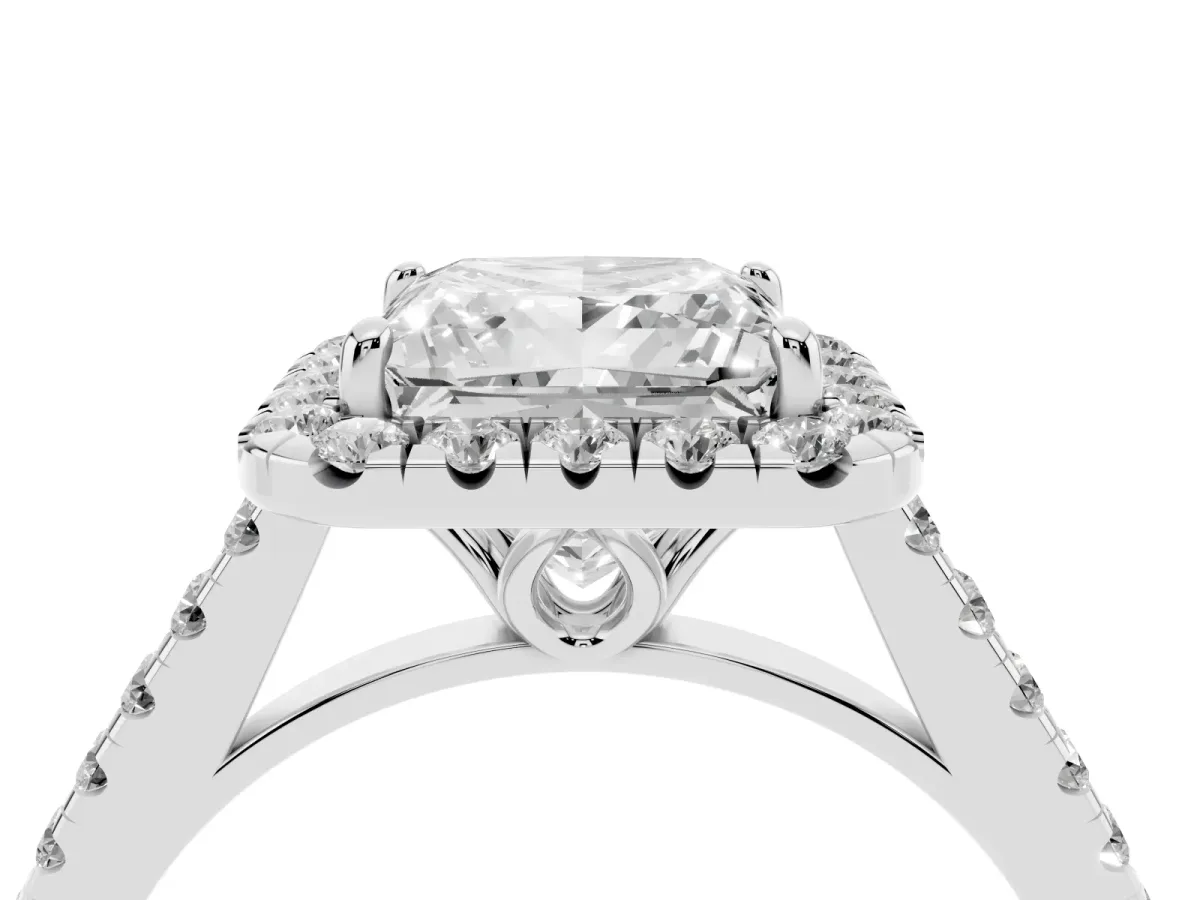Princess Cut Halo Pavé Diamond Engagement Ring with Four-Prong Setting Silver