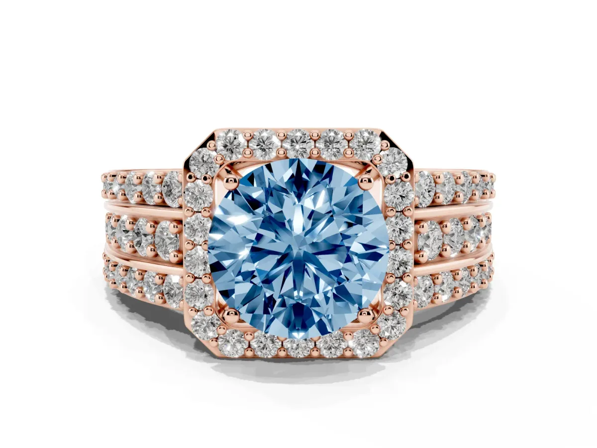 Fancy Blue Round Cut Halo Diamond Ring with Round Split Shank and Prong Setting Rose gold