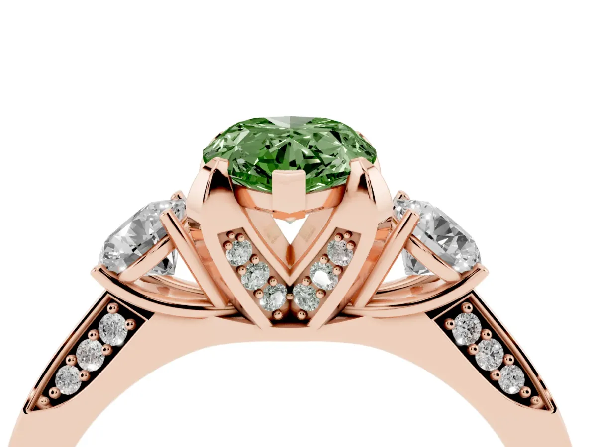 Fancy Green Pear Cut Brilliant Three-Stone Diamond Ring with Pavé Band and Four-Prong Setting Rose gold