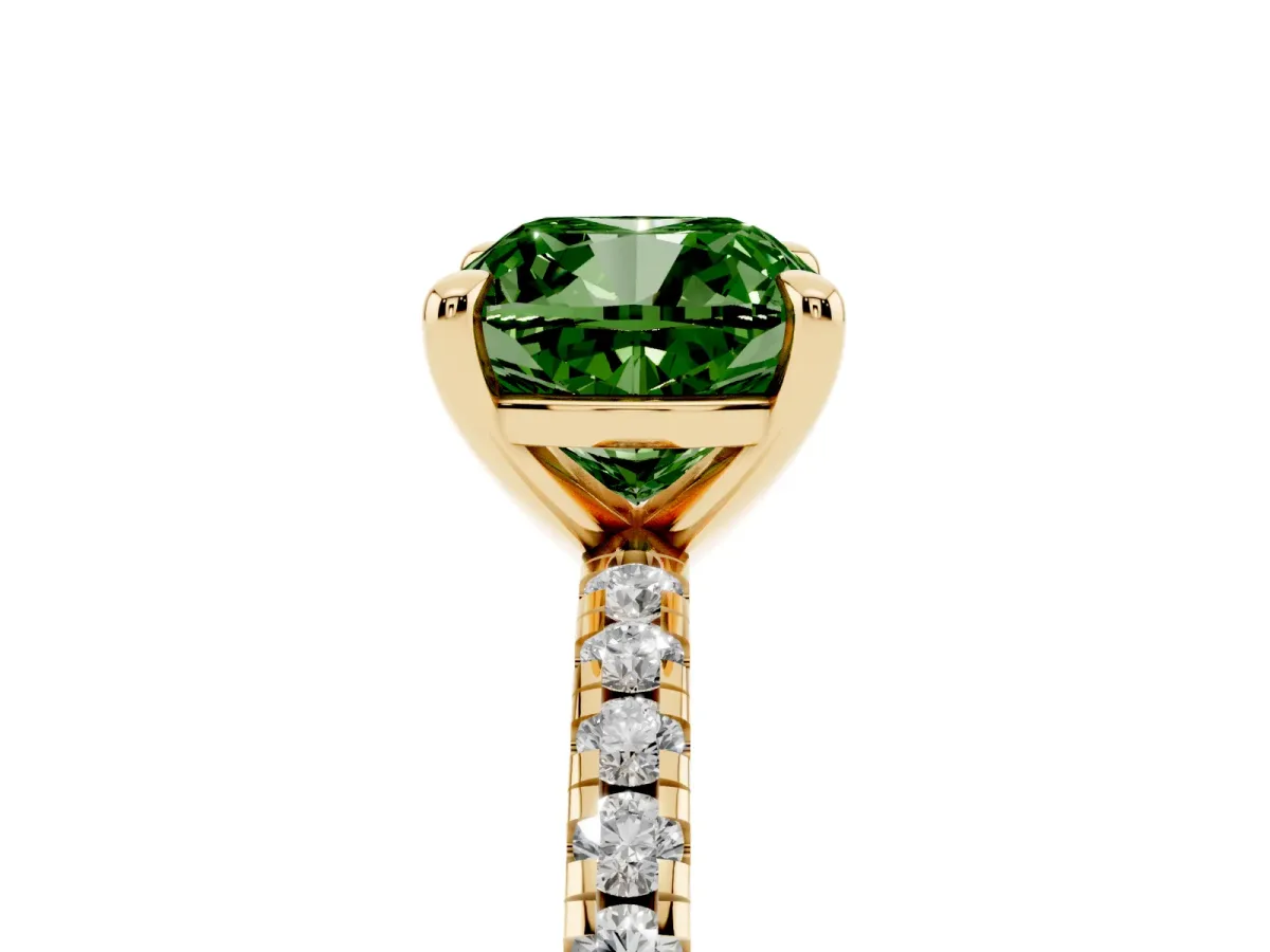 Fancy Green Cushion Cut Diamond Brilliant Solitaire Ring with Pavé Band and Four-Prong Setting Yellow gold