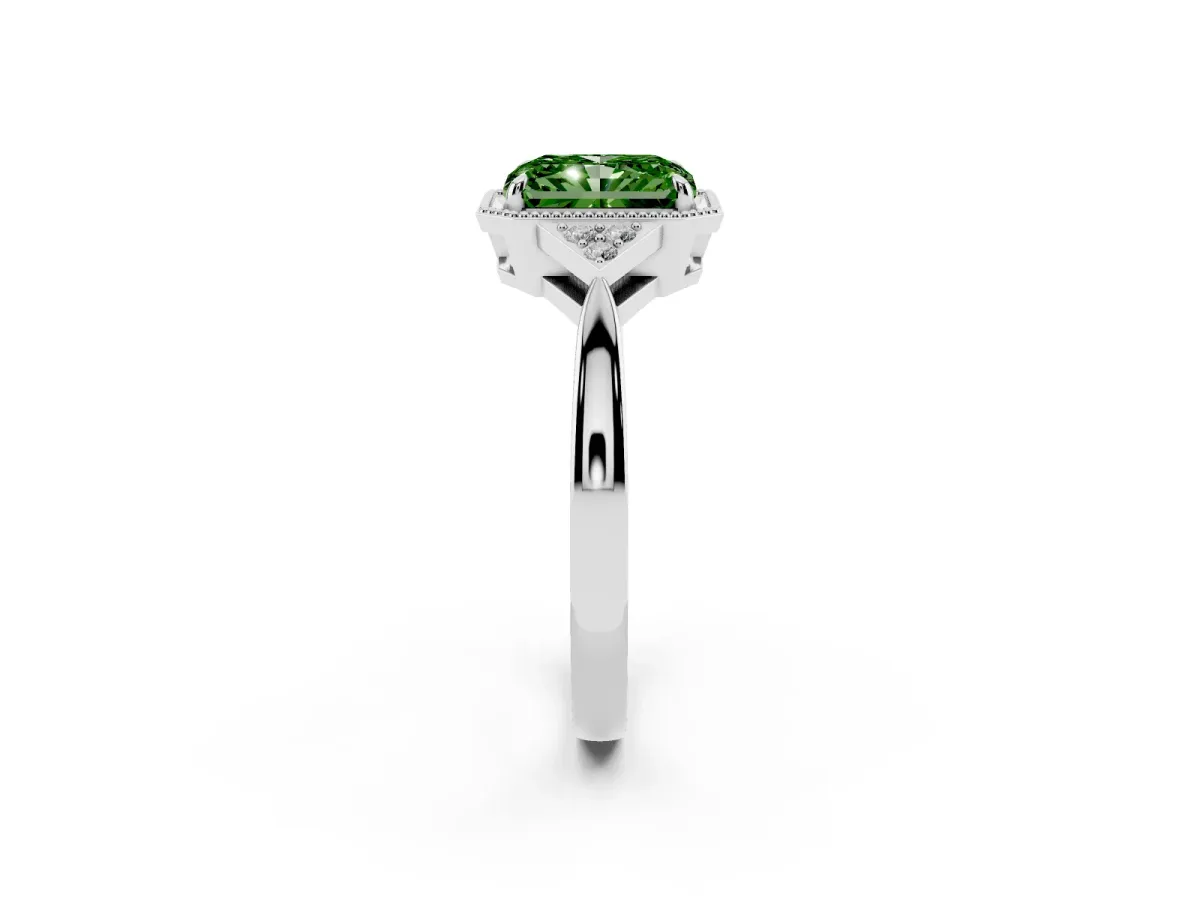 Fancy Green Radiant Cut Diamond Halo Ring with Tapered Band and Four-Prong Setting Platinum