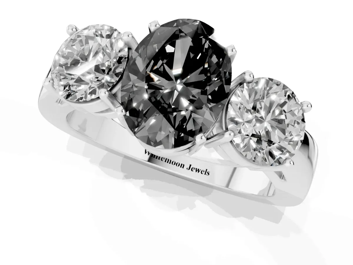 Fancy Black Three-Stone Oval Cut Diamond Ring with Round Side Stones, Classic Band, and Four-Prong Setting Silver
