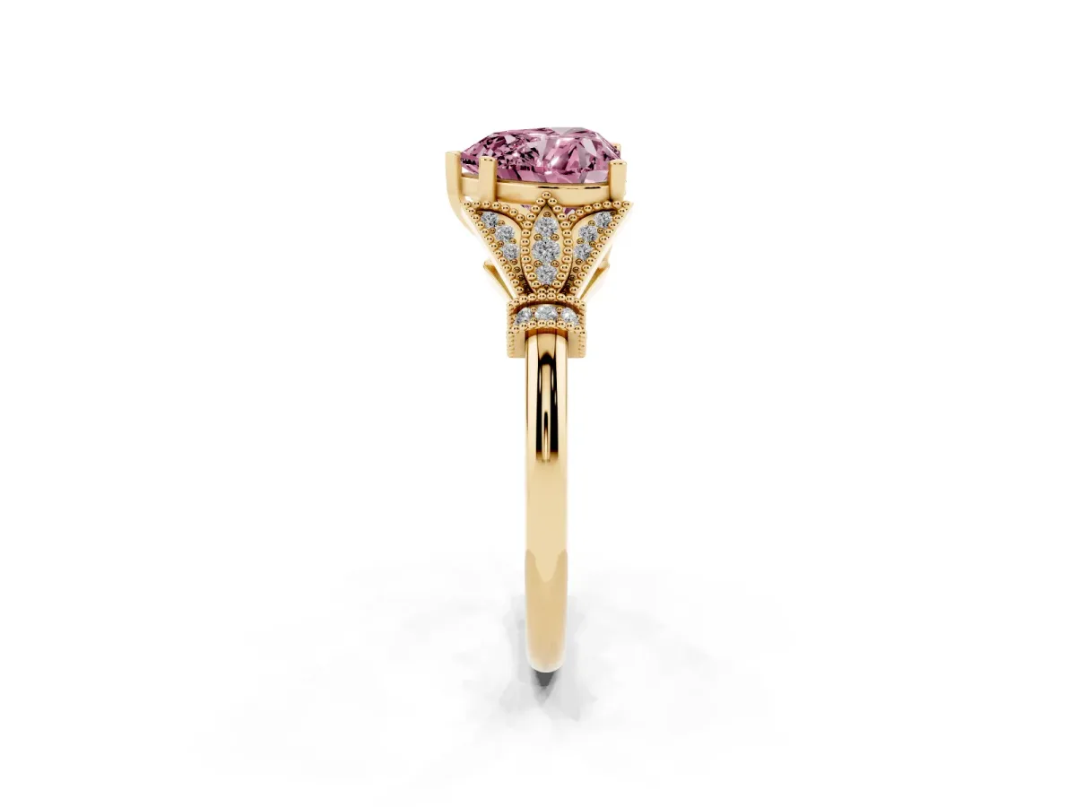 Fancy Pink Heart Cut Diamond Solitaire Ring with Floral Filigree and Pave Accents Yellow gold