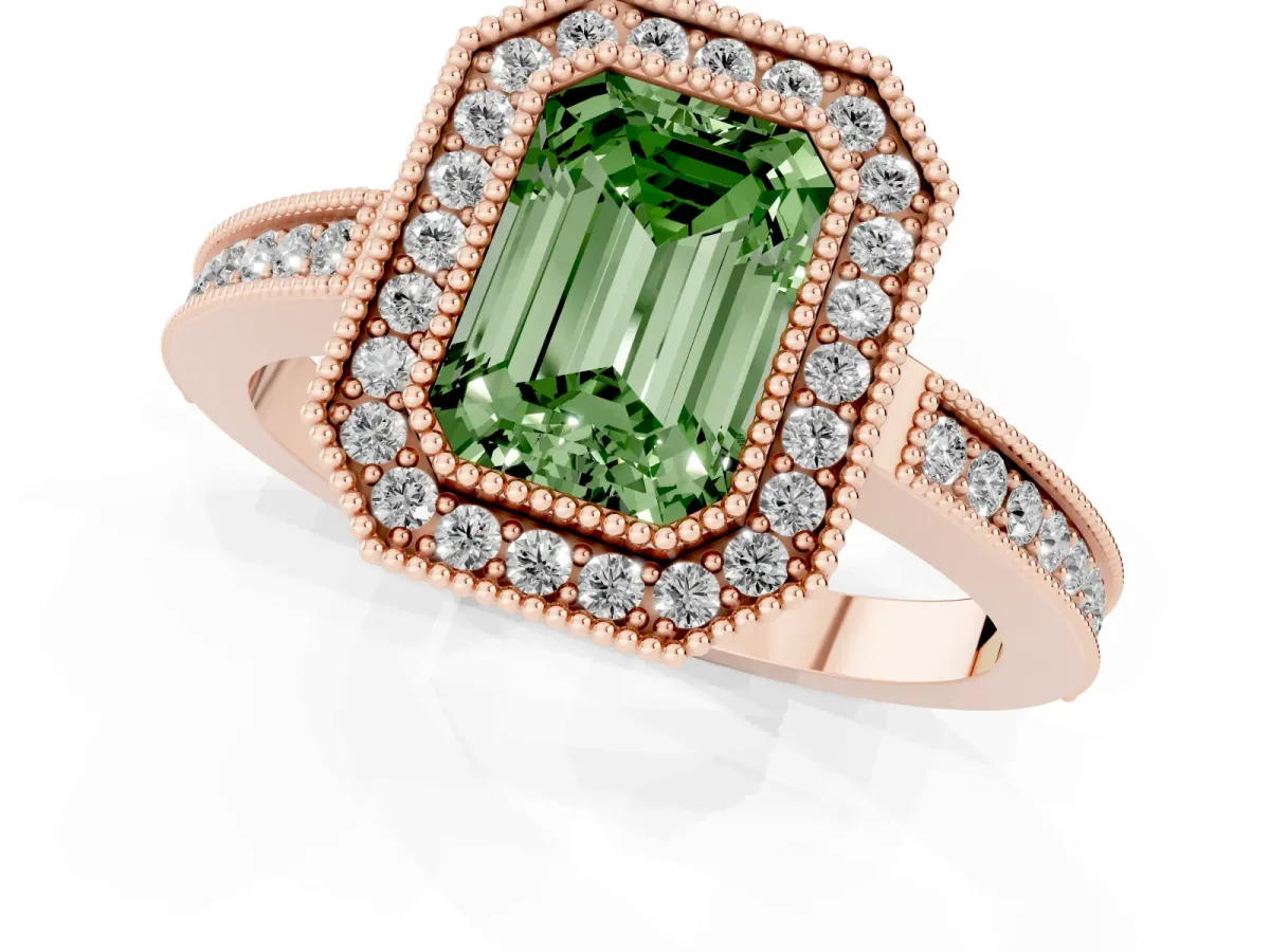 Fancy Green Emerald Cut Cut Halo Diamond Ring with Pavé Band and Milgrain Prong Setting Rose gold