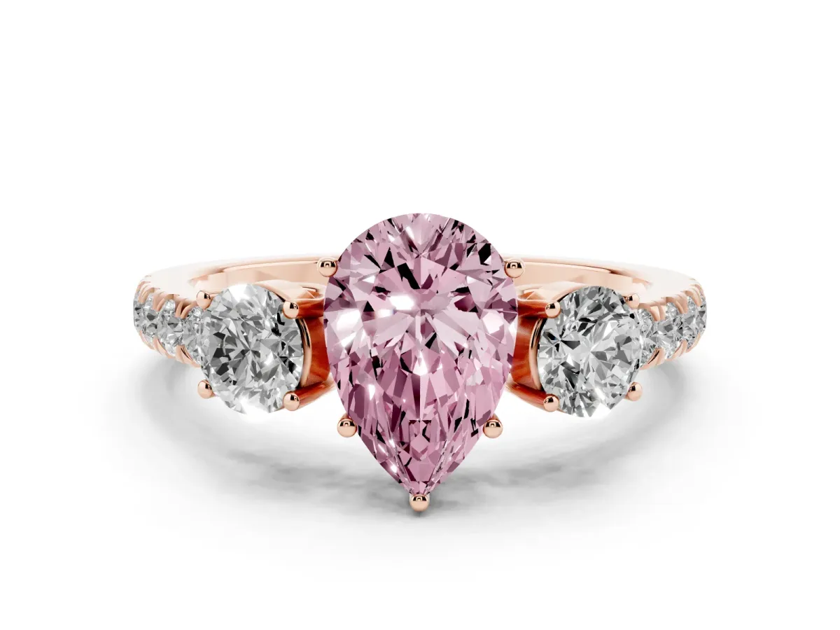 Fancy Pink Pear Cut Cut Diamond Three-Stone Ring with Round Side Stones and Pavé Band Rose gold