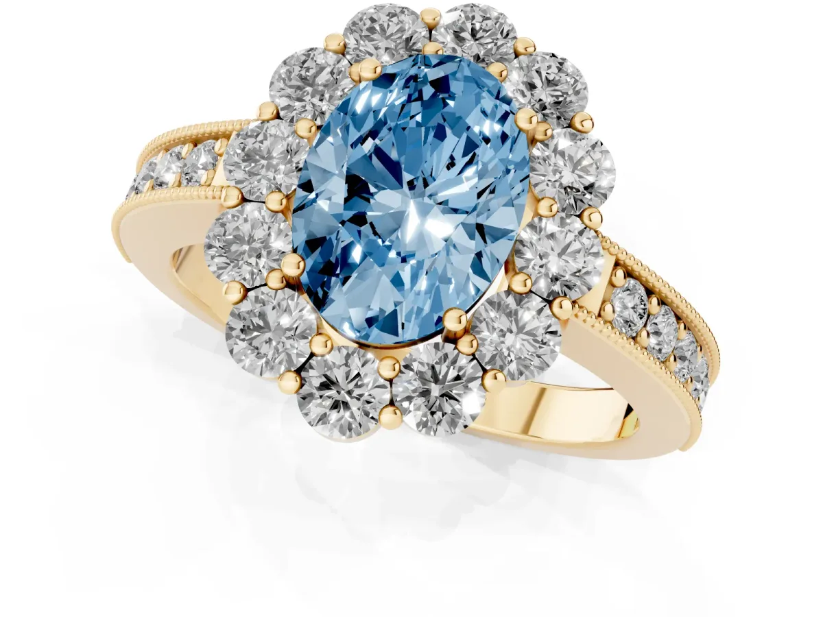 Fancy Blue Oval Cut Cut Halo Diamond Pavé Engagement Ring with Milgrain Detailing Yellow gold