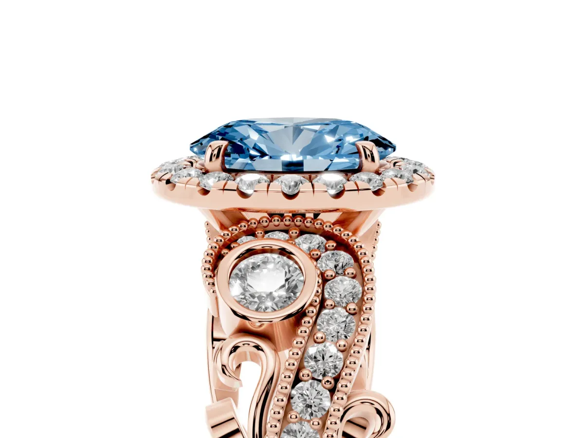 Fancy Blue Oval Cut Diamond Halo Ring with Milgrain Pavé Band and Four-Prong Setting Rose gold
