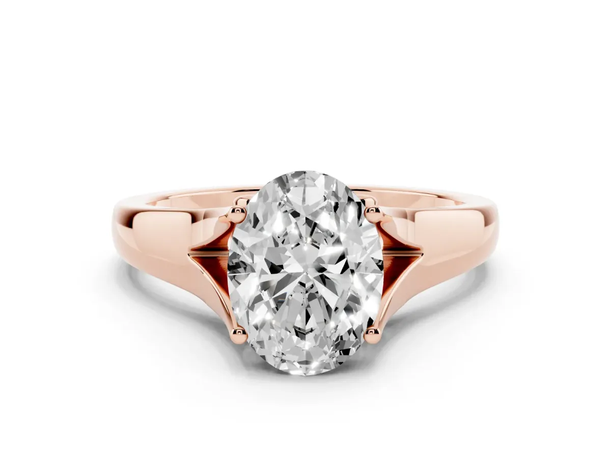 Oval Cut Solitaire Diamond Ring with Cathedral Band and Four-Prong Setting Rose gold