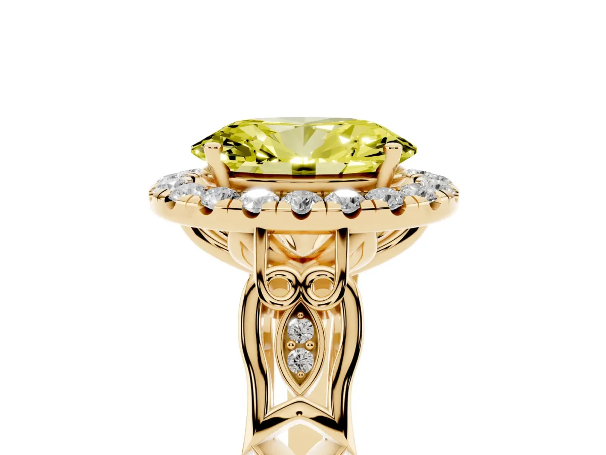 Fancy Yellow Oval Cut Halo Diamond Engagement Ring with Filigree Band and Four-Prong Setting Yellow gold