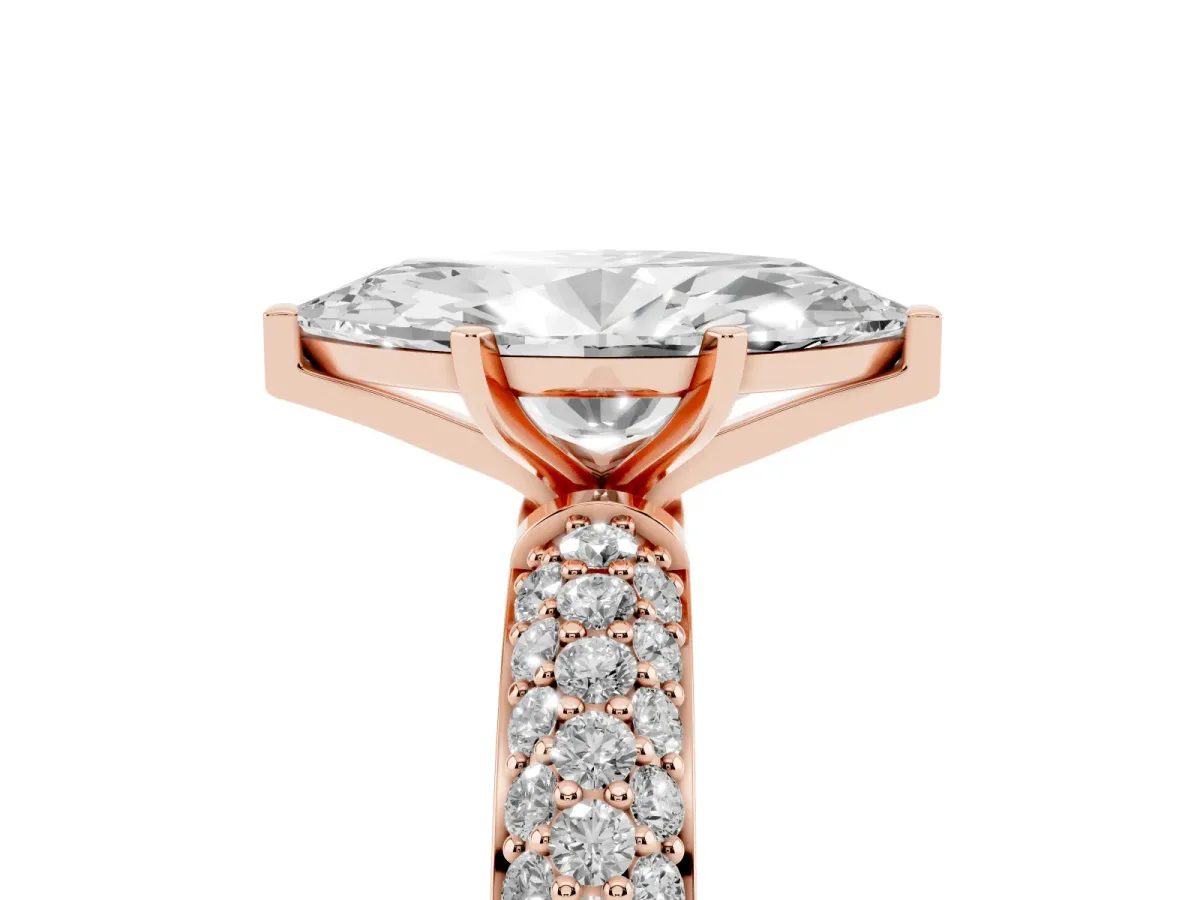 Marquise Cut Diamond Solitaire Ring with Prong Setting and Pavé Band Rose gold