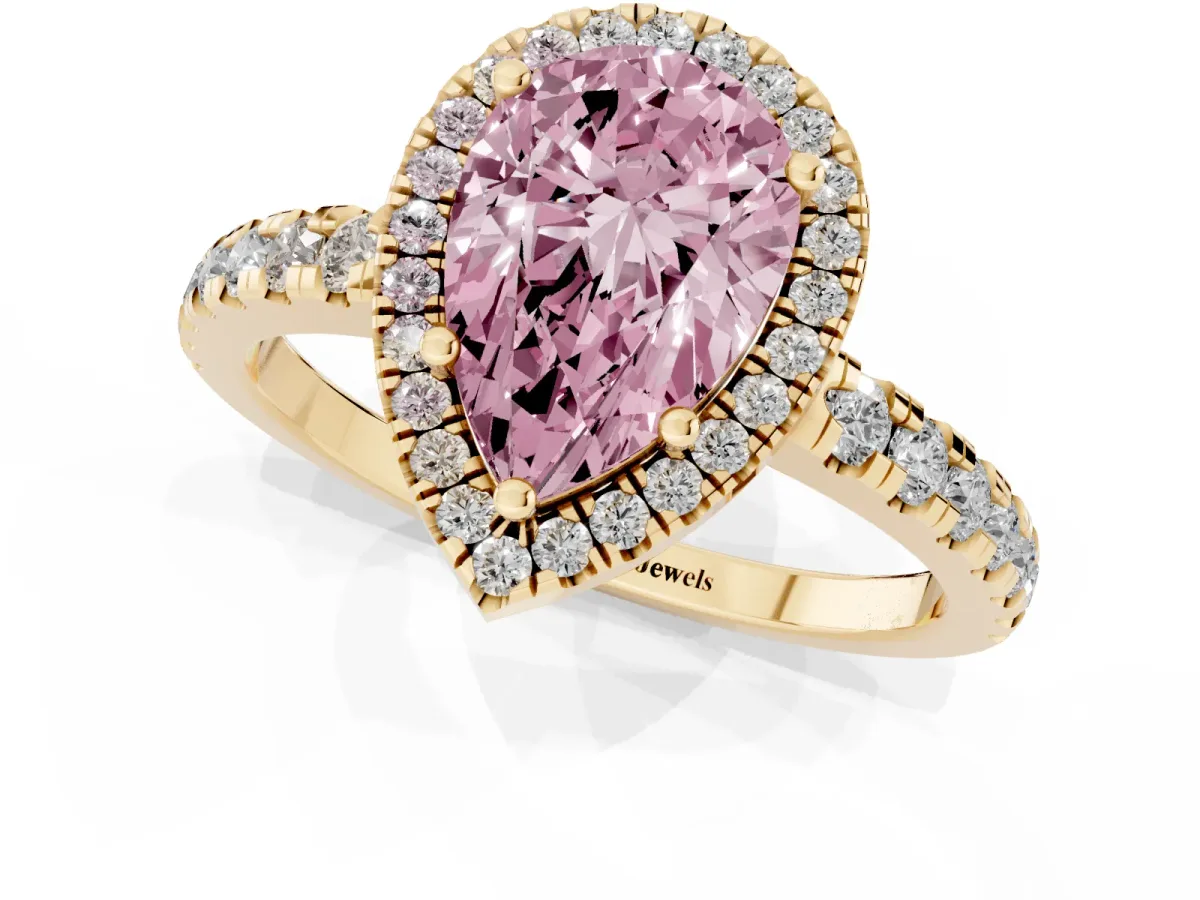 Fancy Pink Pear Cut Diamond Halo Ring with Pavé Band and Four-Prong Setting Yellow gold