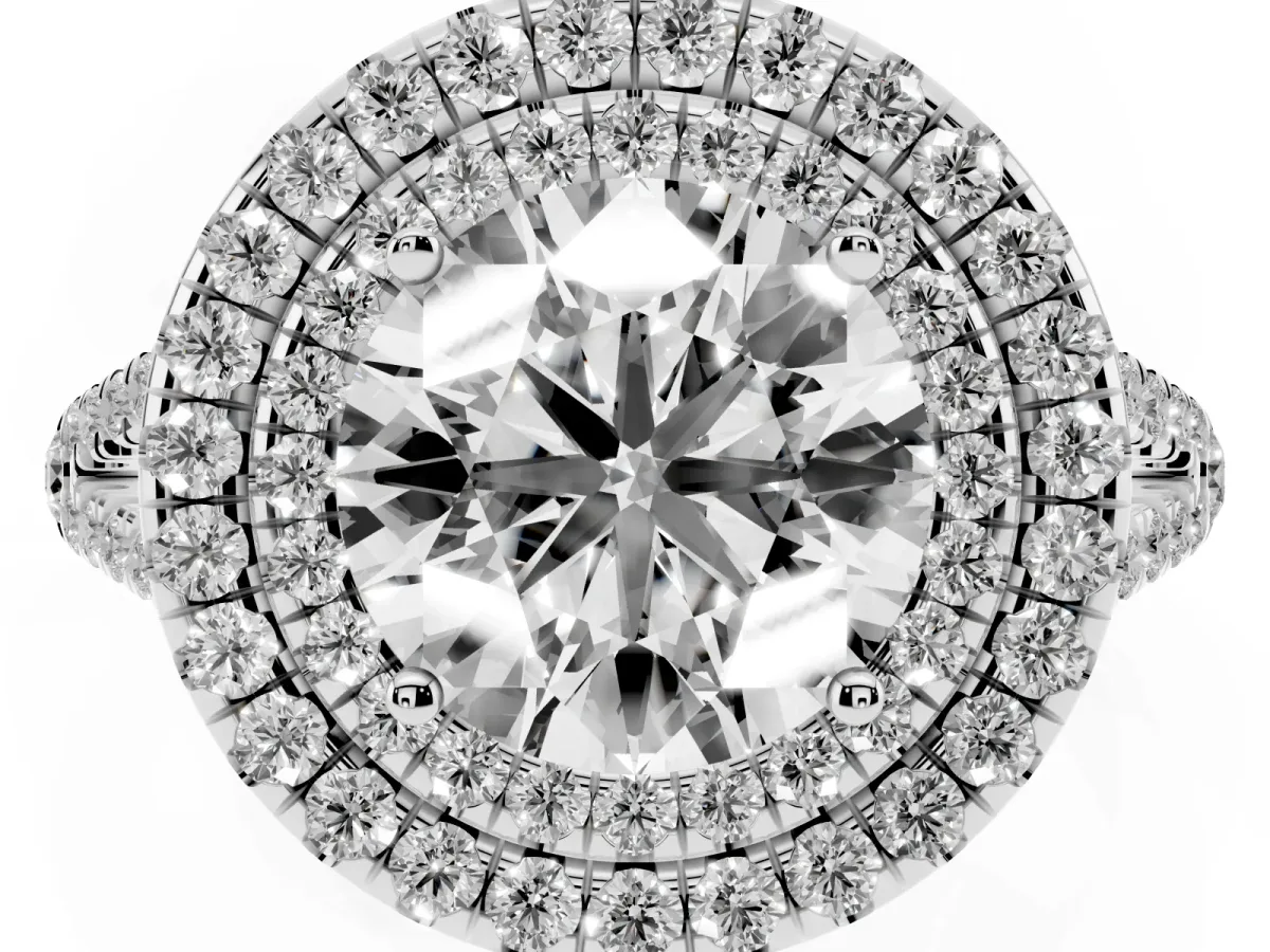 Round Cut Diamond Double Halo Ring with Pavé Band and Prong Setting Silver