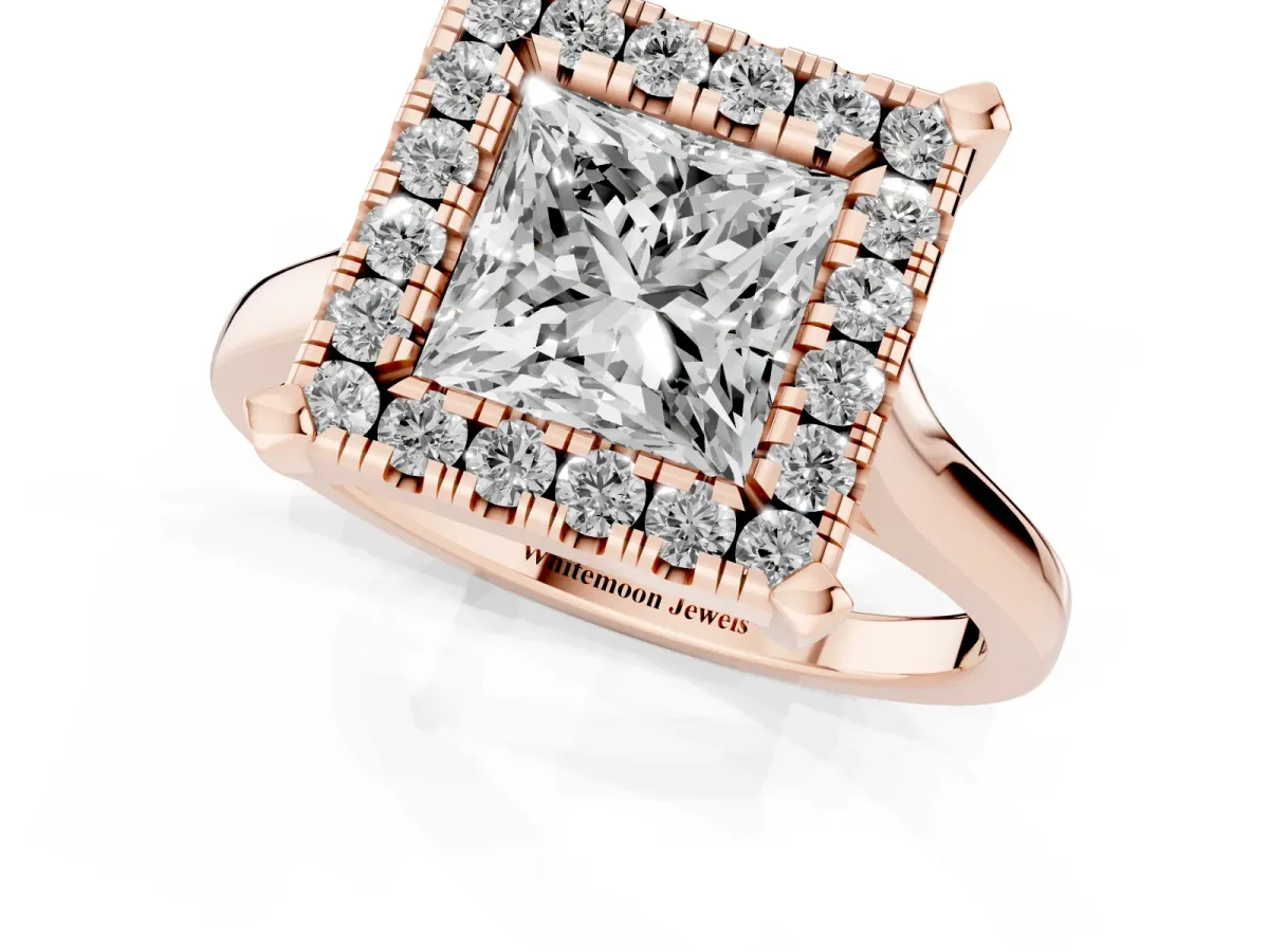 Princess Cut Diamond Cluster Halo Solitaire with Four-Prong Setting Rose gold