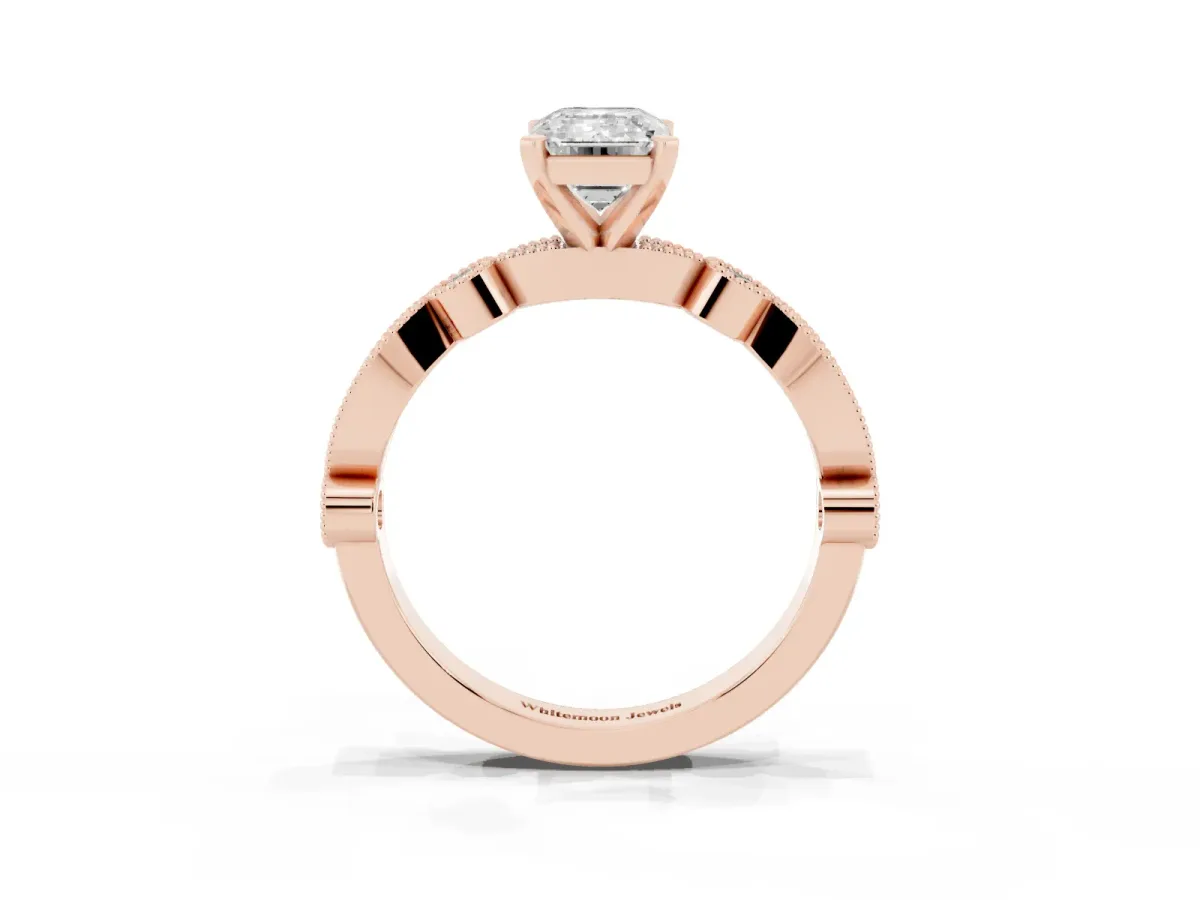 Emerald Cut Milgrain Bezel Diamond Engagement Ring with Solitaire Prong Setting Rose gold