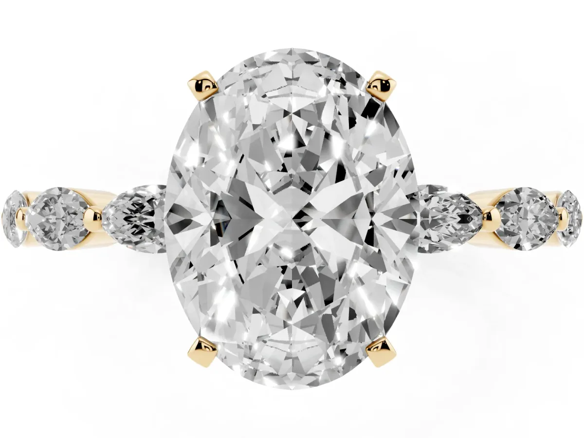 Oval Cut Diamond Ring with Marquise Side Stones and Prong Setting Yellow gold