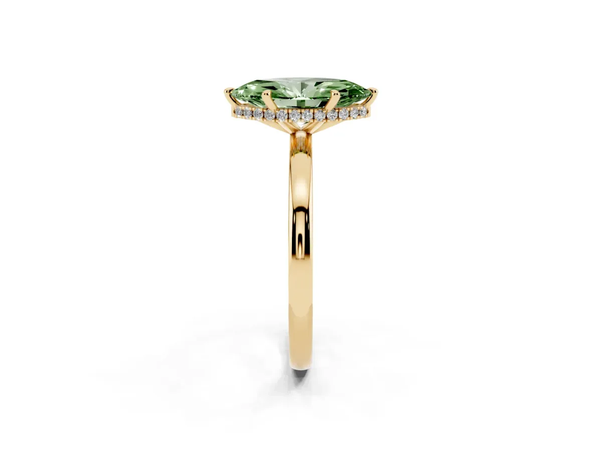 Fancy Green Marquise Cut Solitaire Engagement Ring with Cathedral Band and Four-Prong Setting Yellow gold