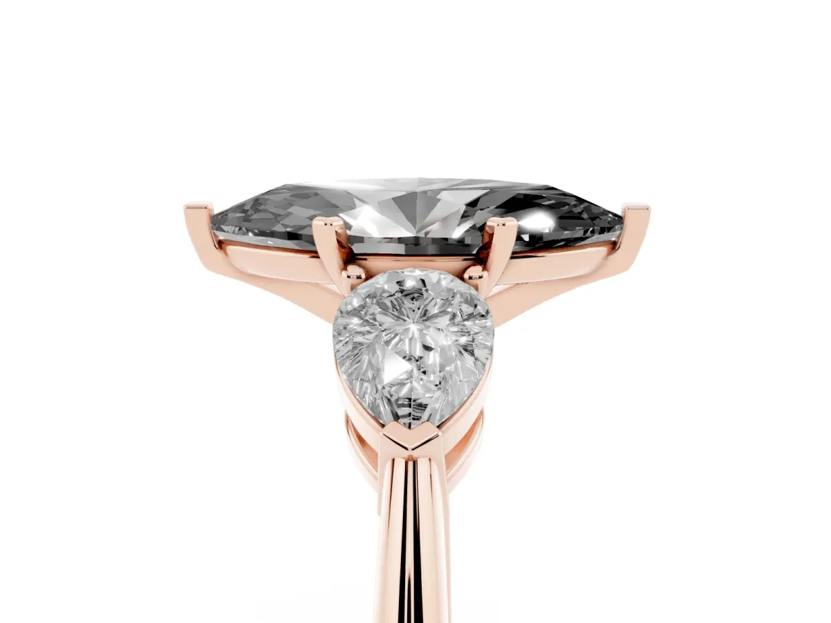 Fancy Black Three-Stone Marquise Cut Diamond Ring with Pear Side Stones and Four-Prong Setting Rose gold