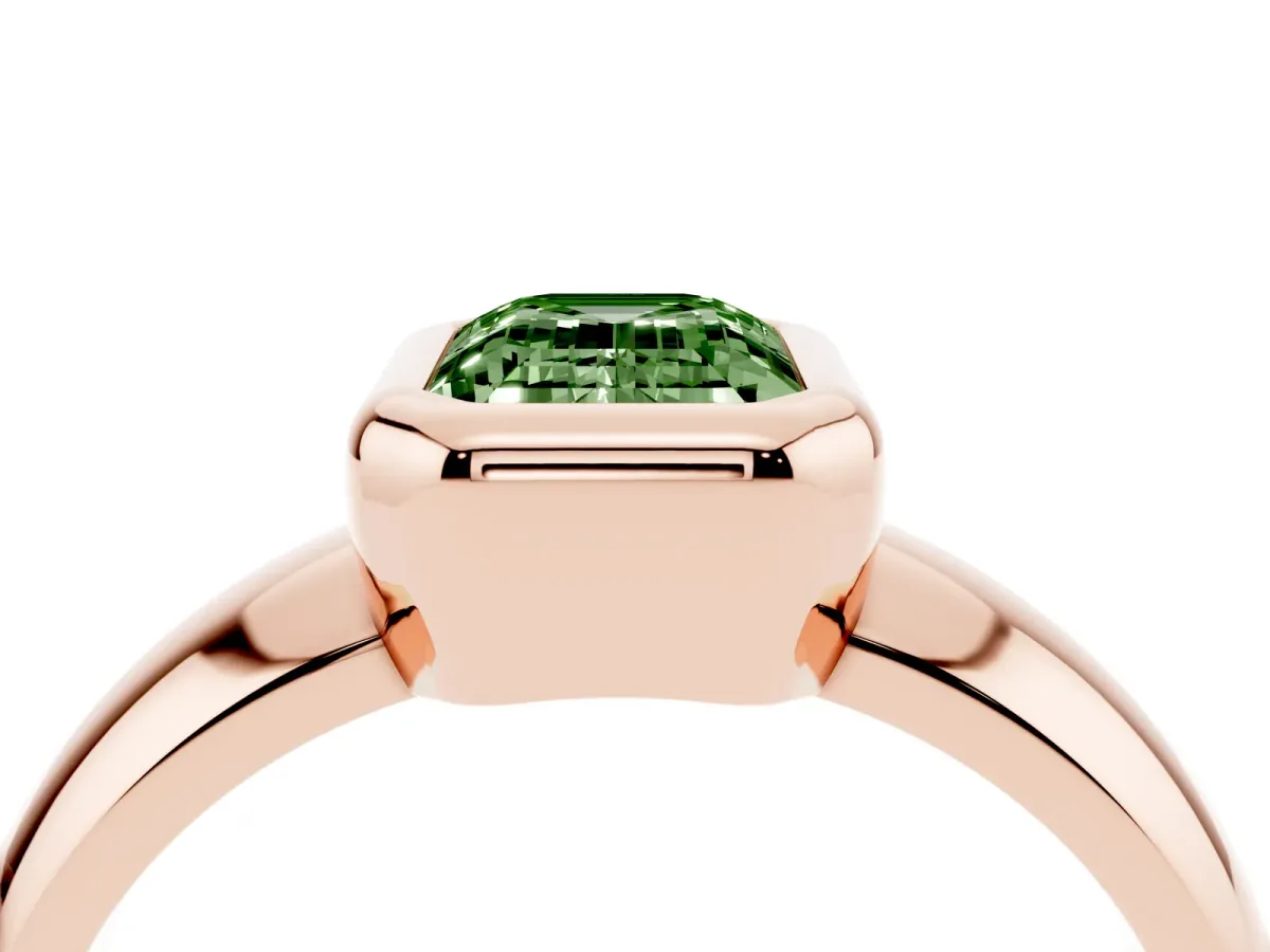 Fancy Green Bezel Set Emerald Cut Solitaire Ring with Wide Band Rose gold