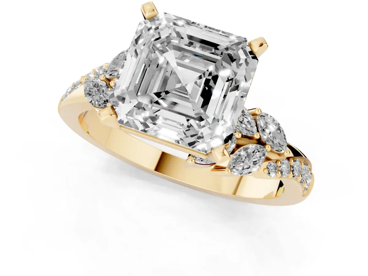 Asscher Cut Solitaire Marquise Twist Band with Six-Prong Setting Yellow gold