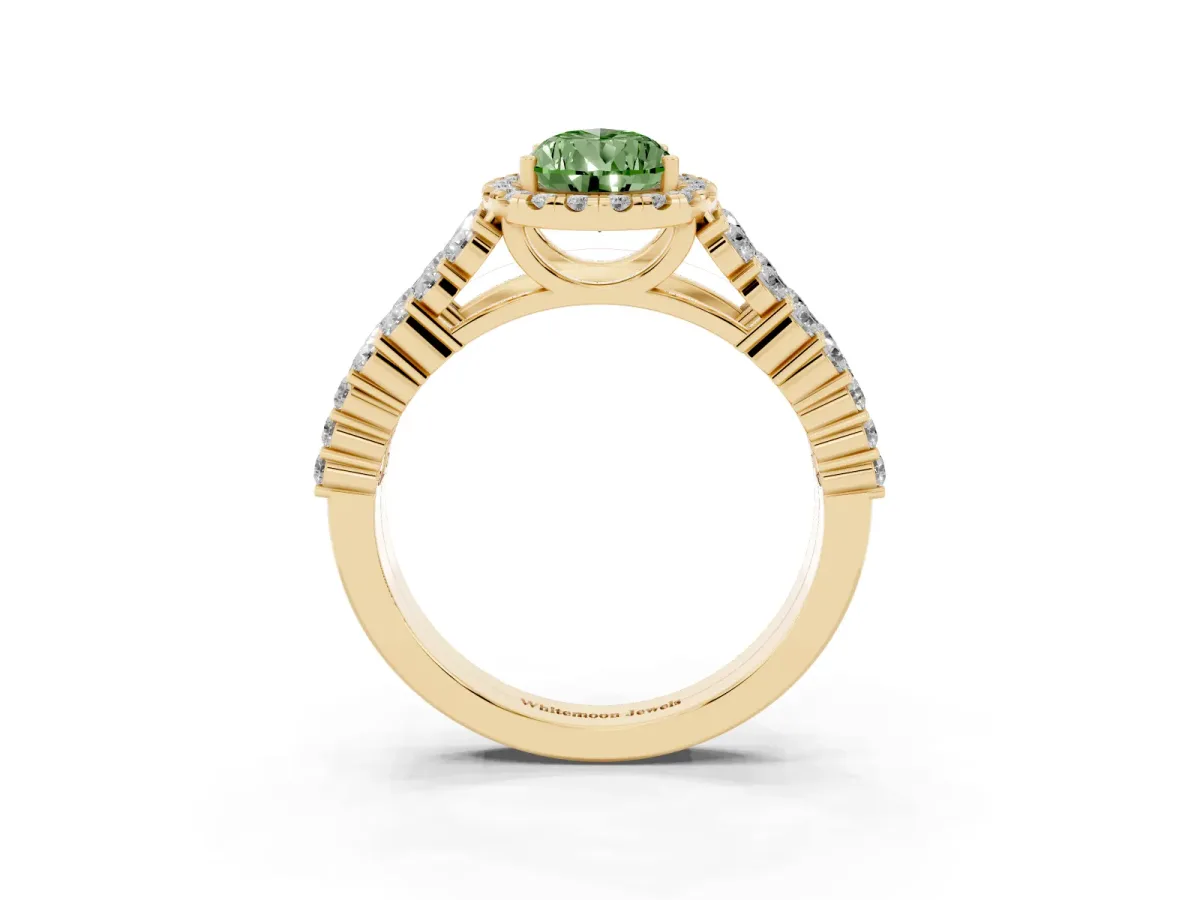 Fancy Green Pear Cut Diamond Halo Engagement Ring with Triple Row Round Pavé Band and Prong Setting Yellow gold