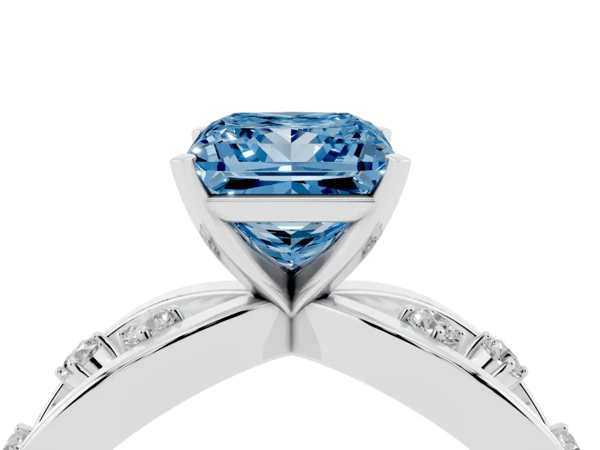 Fancy Blue Princess Cut Cut Solitaire Diamond with Side Stones on Criss-Cross Band and Four-Prong Setting White gold