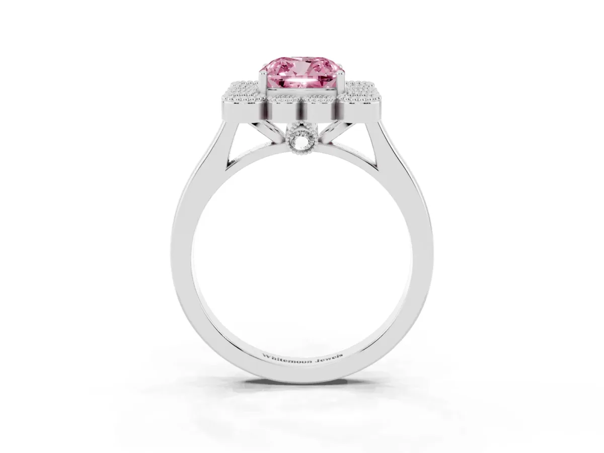 Fancy Pink Cushion Cut Halo Diamond Cluster Engagement Ring with Milgrain Bezel Setting and Solitaire Band Platinum