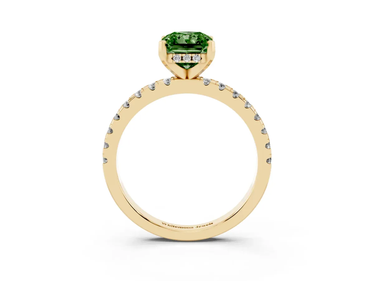 Fancy Green Radiant Cut Diamond Solitaire Ring with Round Pavé Band and Four-Prong Setting Yellow gold