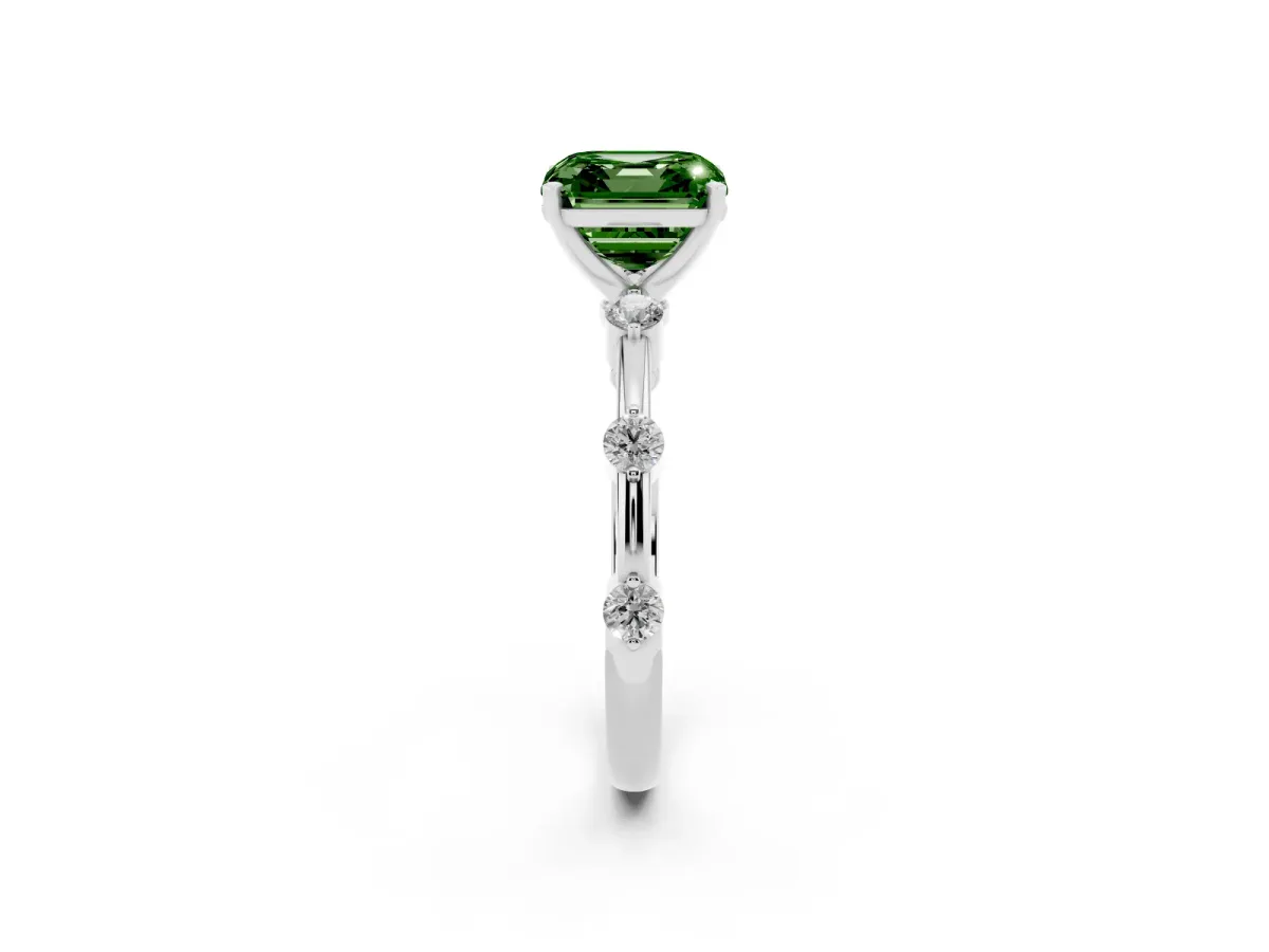 Fancy Green Asscher Cut Solitaire Diamond Ring with Bezel Set Side Stones and Prong Setting Silver