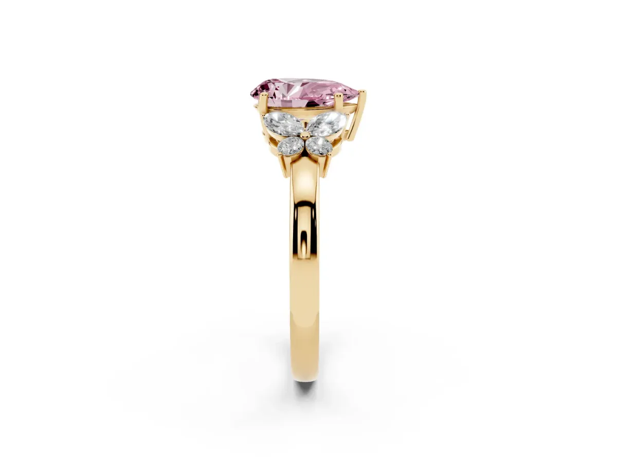 Fancy Pink Pear Cut Cut Solitaire Floral Diamond Ring with Four-Prong Setting Yellow gold