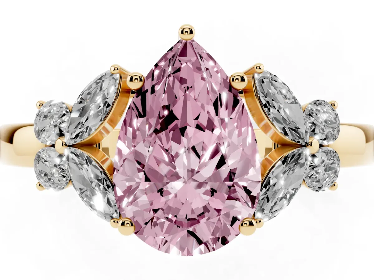 Fancy Pink Pear Cut Cut Solitaire Floral Diamond Ring with Four-Prong Setting Yellow gold