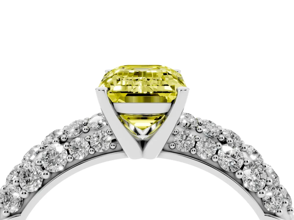 Fancy Yellow Emerald Cut Diamond Pavé Band Solitaire Ring with Four-Prong Setting White gold
