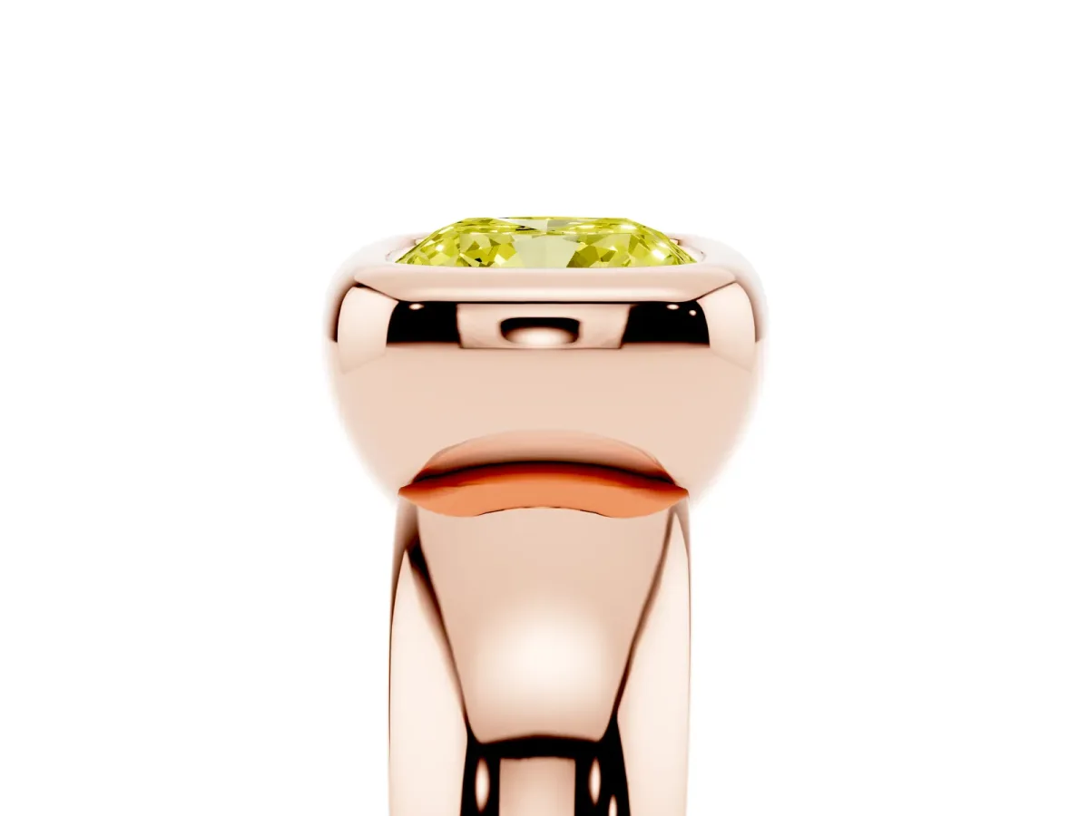 Fancy Yellow Bezel Set Cushion Cut Solitaire Ring with Wide Band Rose gold
