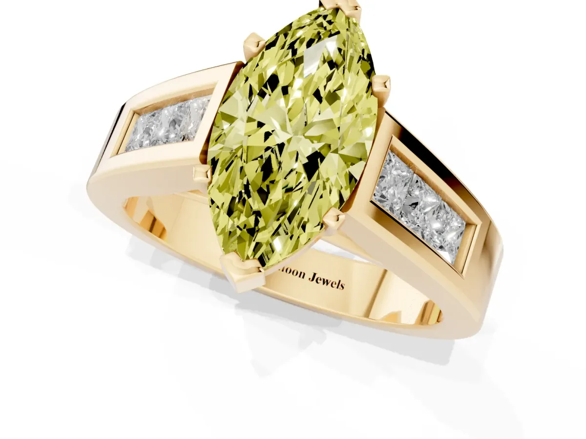 Fancy Yellow Marquise Cut Cut Channel Set Solitaire Ring with Four-Prong Setting Yellow gold